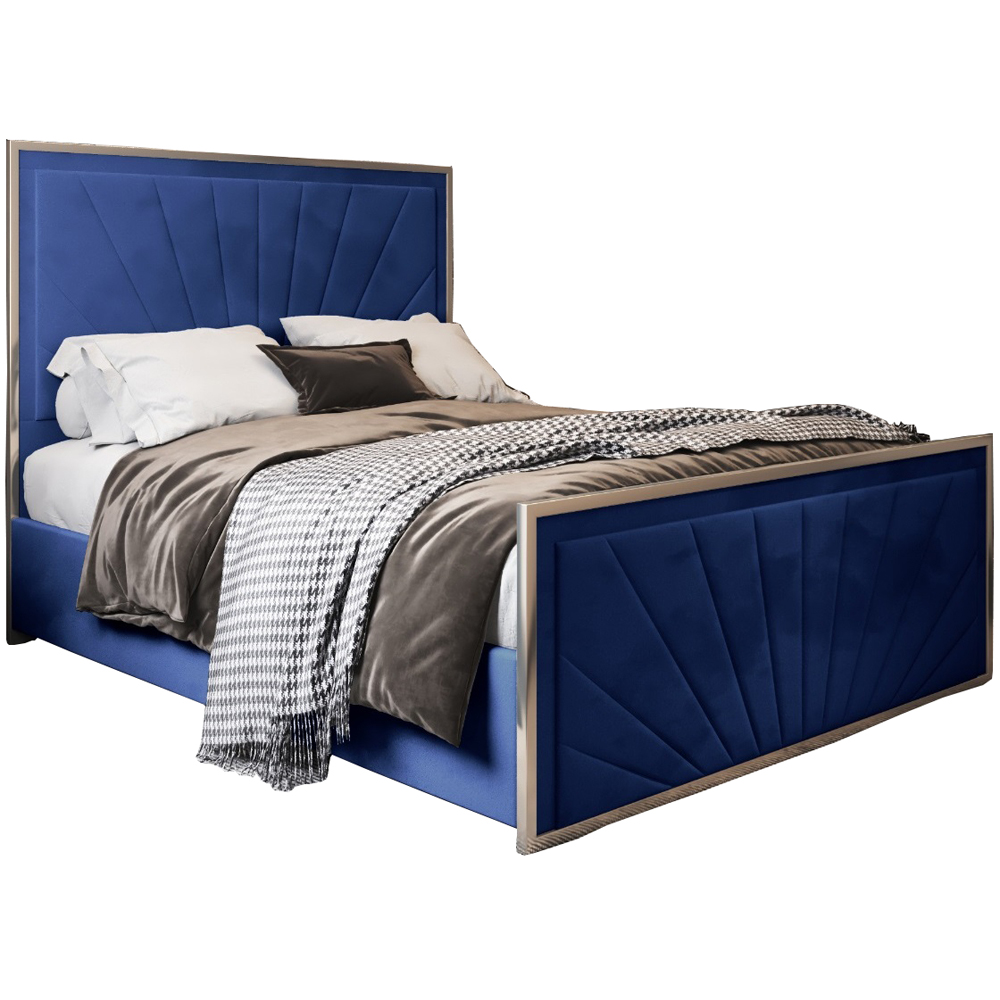 Roxy Small Double Blue Soft Velvet Upholstered Metal Bed Frame with Chevron Headboard Image 2