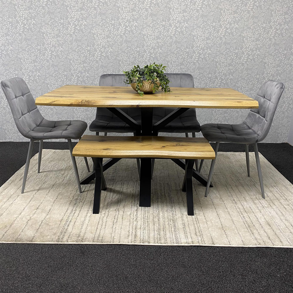 Kosy Koala Dakota 6 Seater Velvet Wooden Rectangle Dining Set with Bench Grey Image 6
