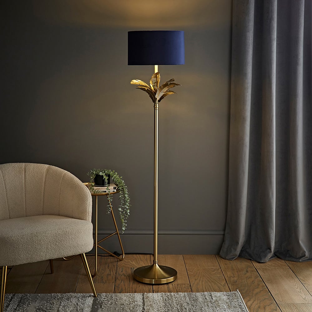 ValueLights Christina Navy Velvet and Gold Palm Leaf Floor Lamp with Bulb Image 6