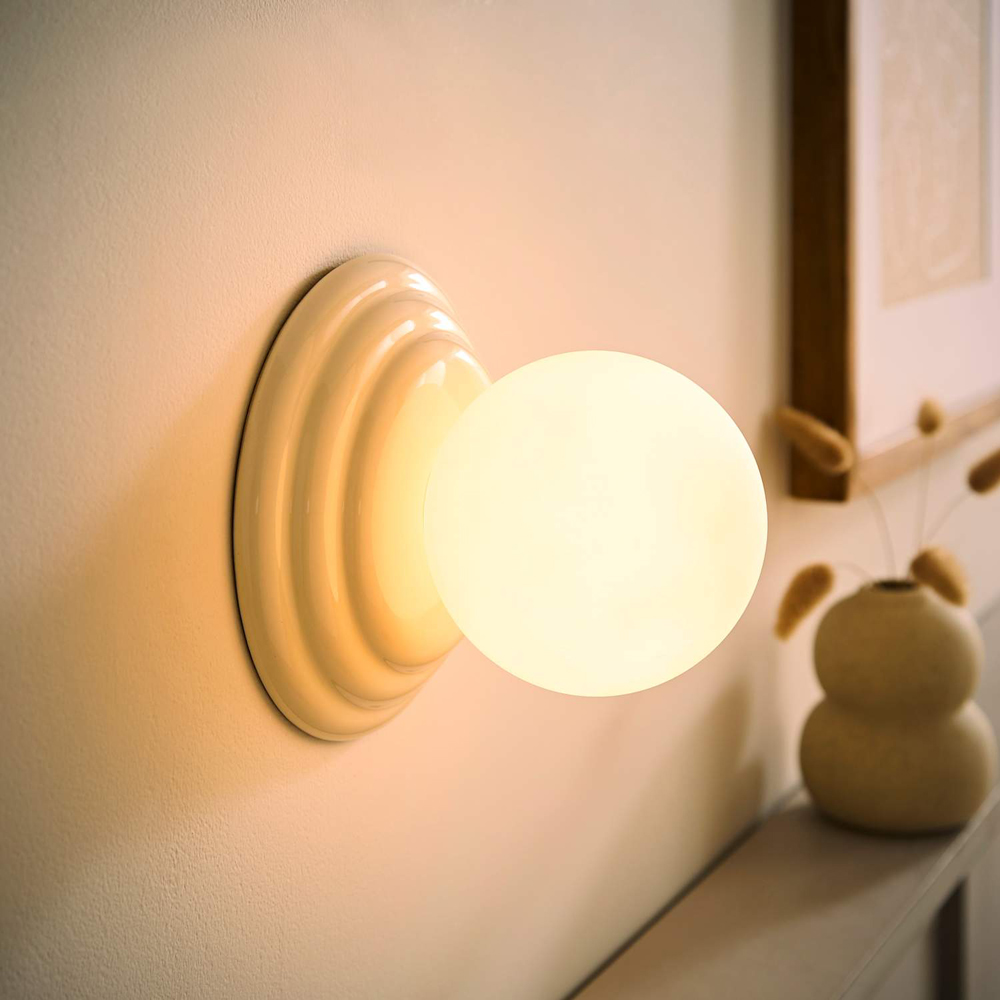 ValueLights Rue Frosted Glass Shade Cream Ribbed Ceramic Base Flush Wall Light with Bulb Image 2