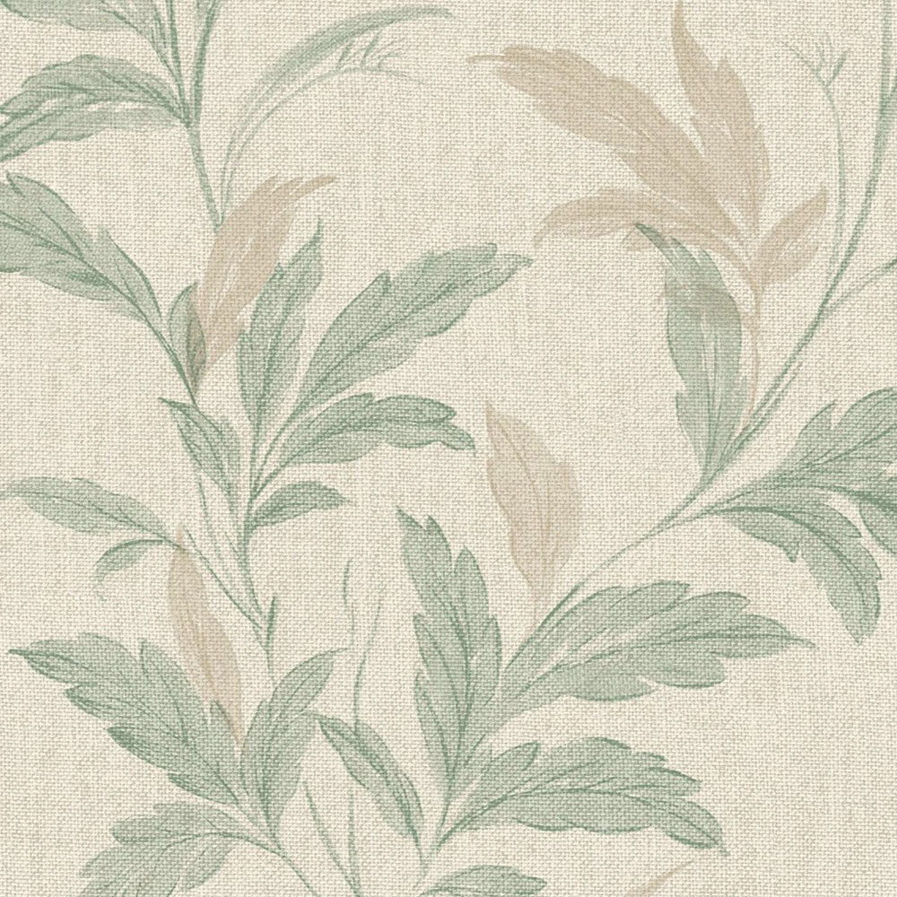 Grandeco Organic Leaf Trail Linen Textured Sage Green and Beige Wallpaper Image 3