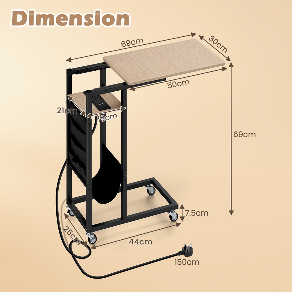 Costway Natural C Shaped End Table Rolling with Charging Station and Retractable Tabletop Image 9