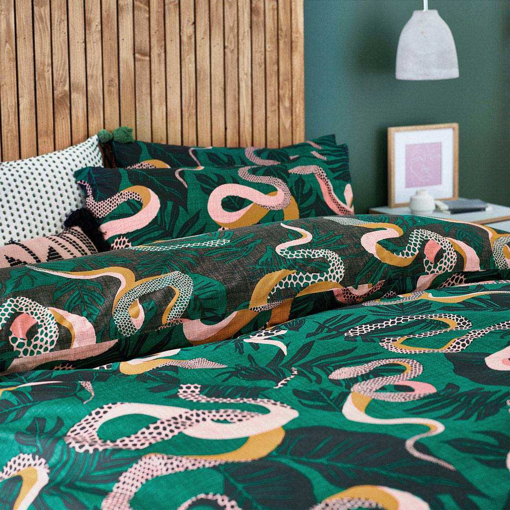 furn. Serpentine Super King Size Green Tropical Duvet Cover Set Image 2