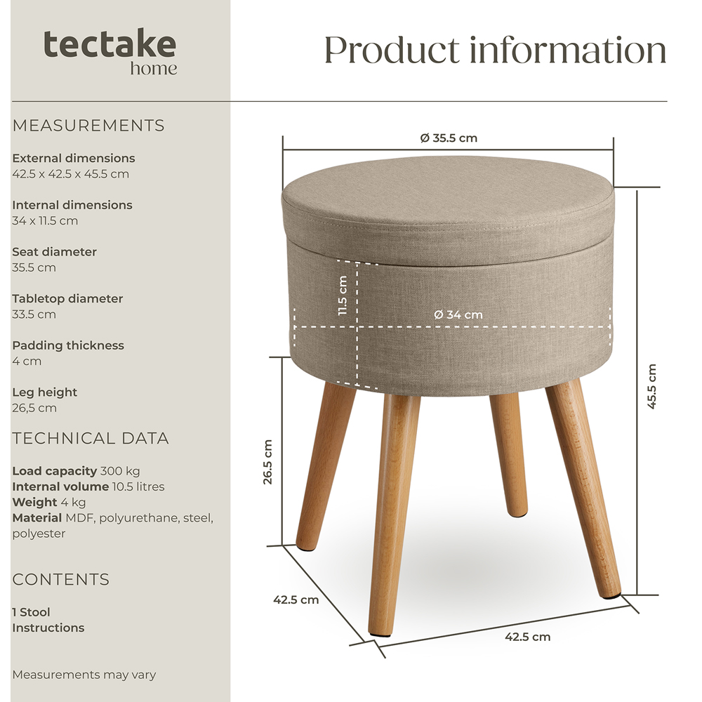 tectake Yara Sand Linen Look Padded Round Stool with Storage Image 9