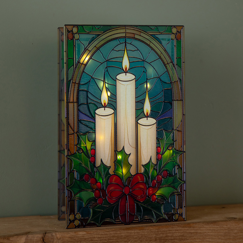 Samuel Alexander 50 Warm White LED Candles and Holly Light Up Stained Glass Decoration 21cm Image 4