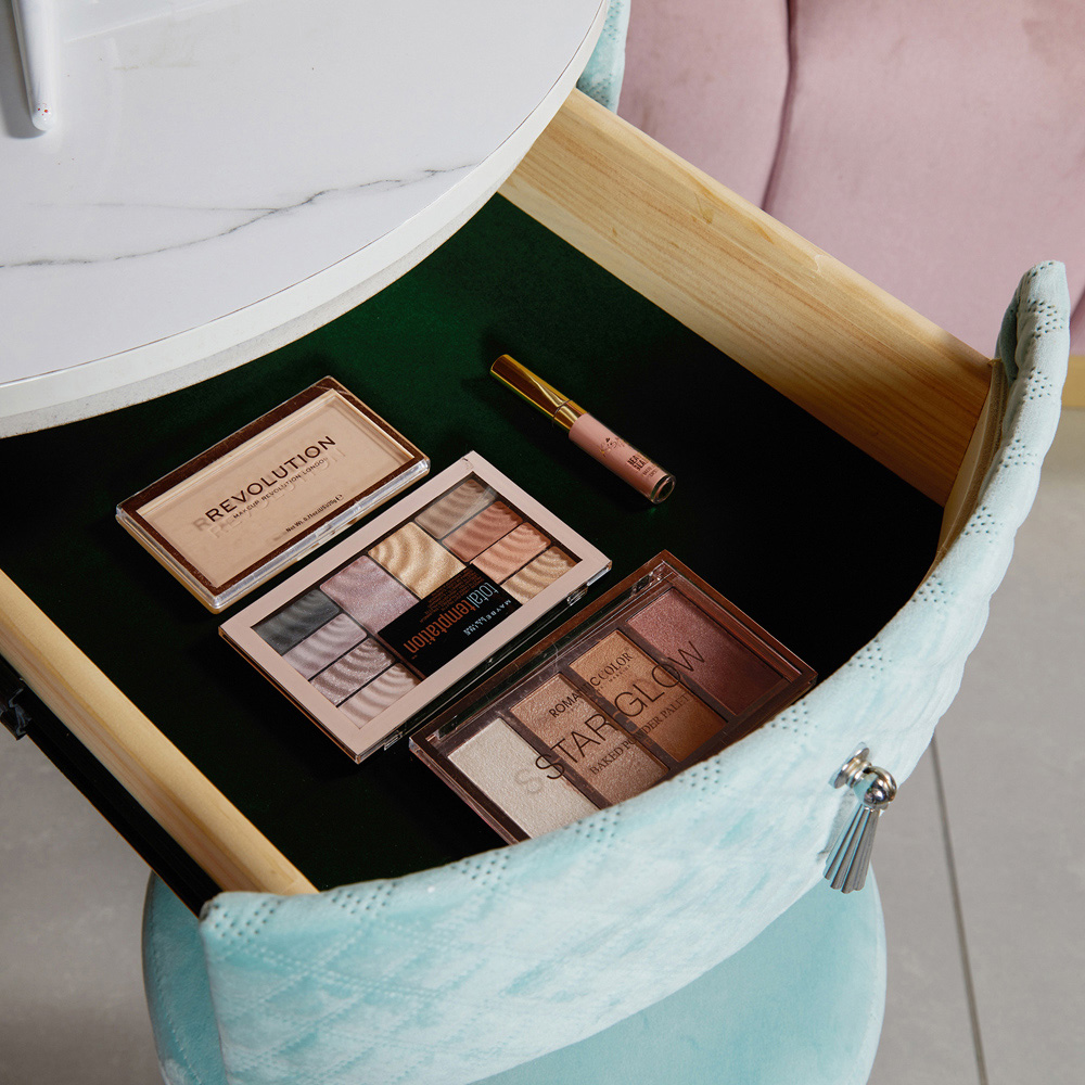 CARME Home French Riviera Single Drawer Baby Blue Upholstered Velvet Dressing Table Set Image 4