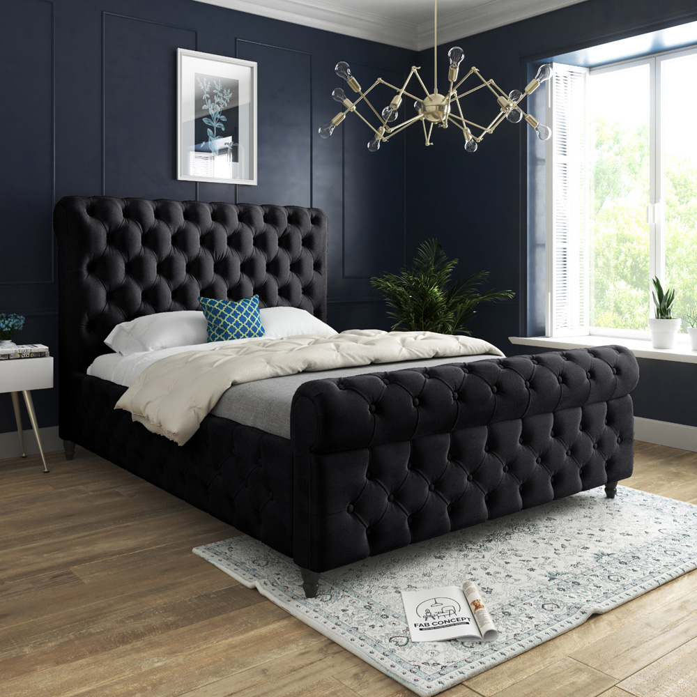Savana Super King Size Black Soft Velvet Upholstered Sleigh Bed Frame with Scrolled Headboard Image 5