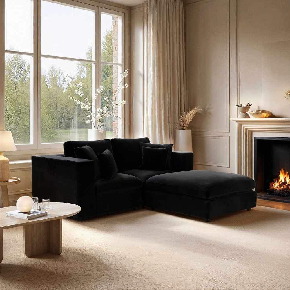 SOLACE+CO Asher 3 Seater Black Velvet Sofa with Footstool Image 6