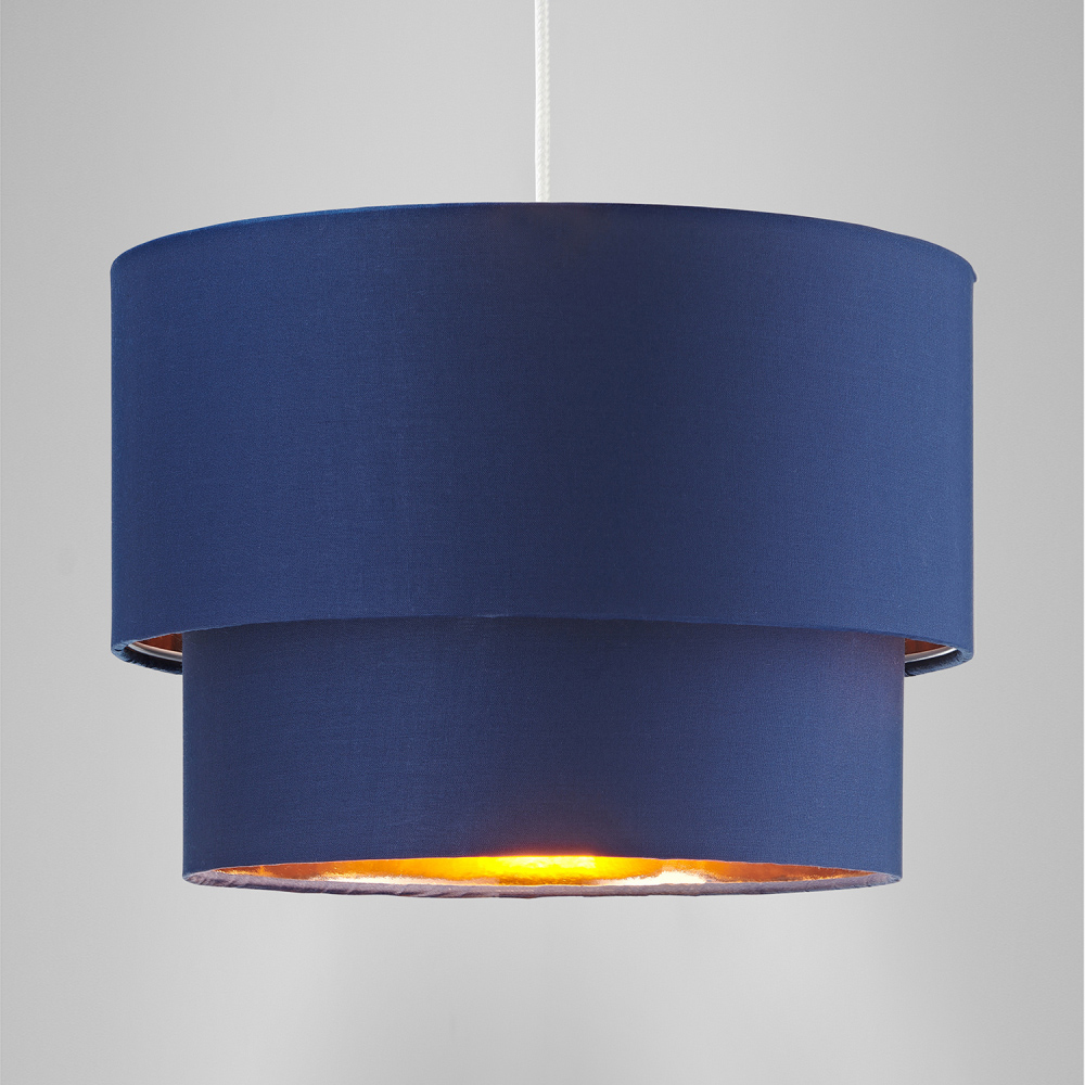 Happy Homewares Navy Blue Cotton Shiny Copper Inner Double Tier Pendant Shade Image 7