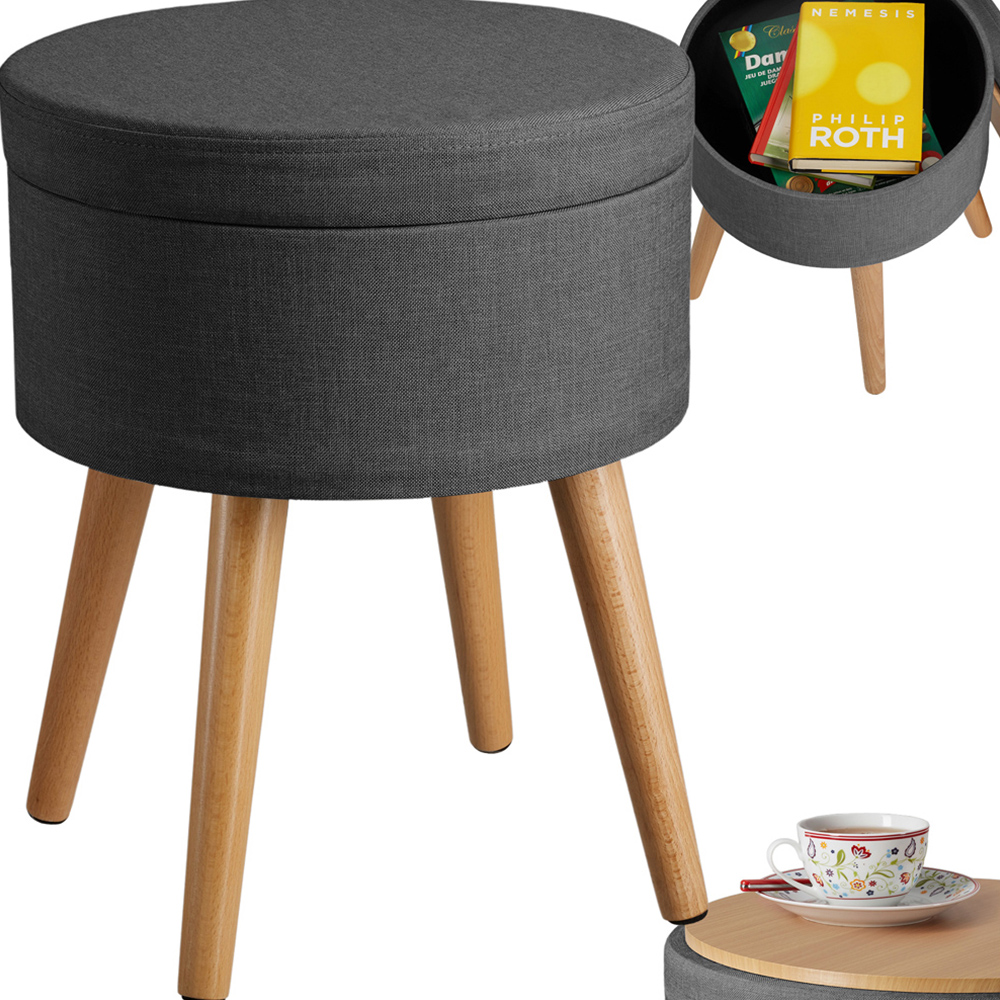 tectake Yara Dark Grey Linen Look Padded Round Stool with Storage Image 2