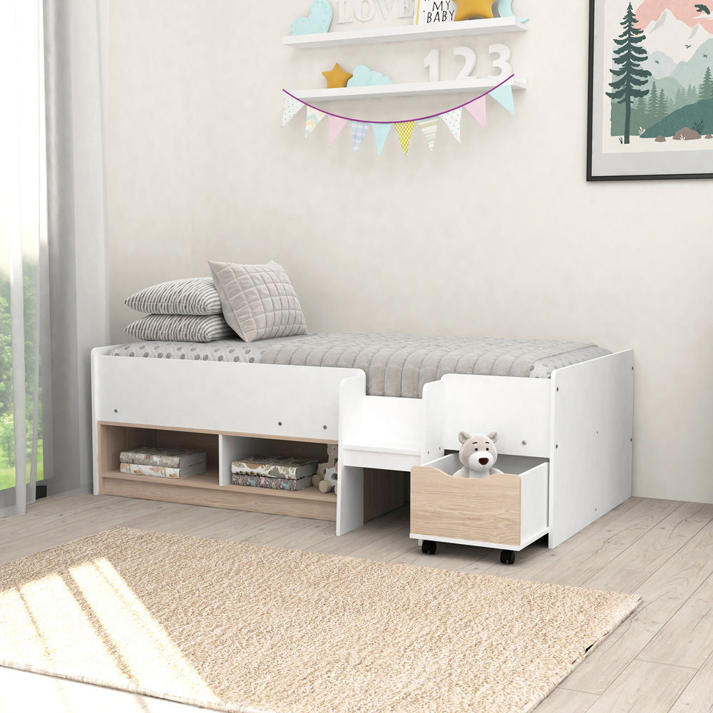 Kidsaw Single White and Oak Cabin Bed with Cubes and Pullout Drawer Image 7