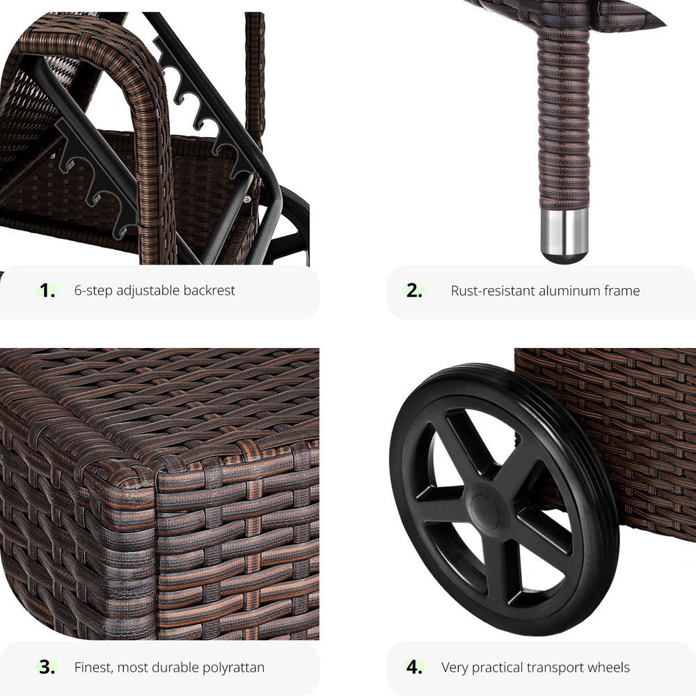 tectake Cassis Mixed Brown 6 Level Adjustable Sun Lounger with Removable Headrest and Wheels Image 3