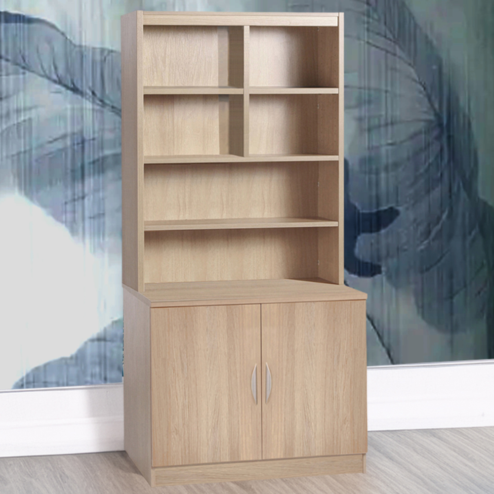 R White Cabinets 2 Door 6 Shelf Brown Desk Height Wide Cupboard with Hutch Image 1