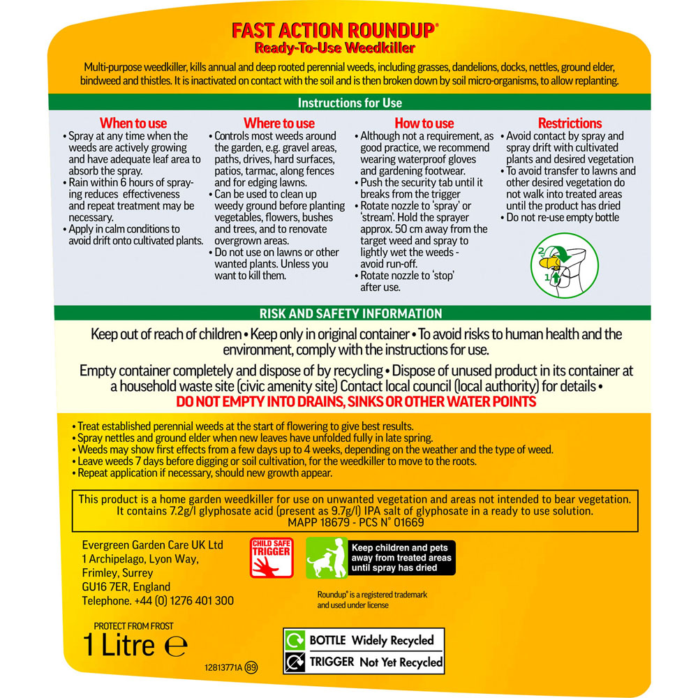 Roundup Fast Action Ready to Use Weedkiller 1L Image 2