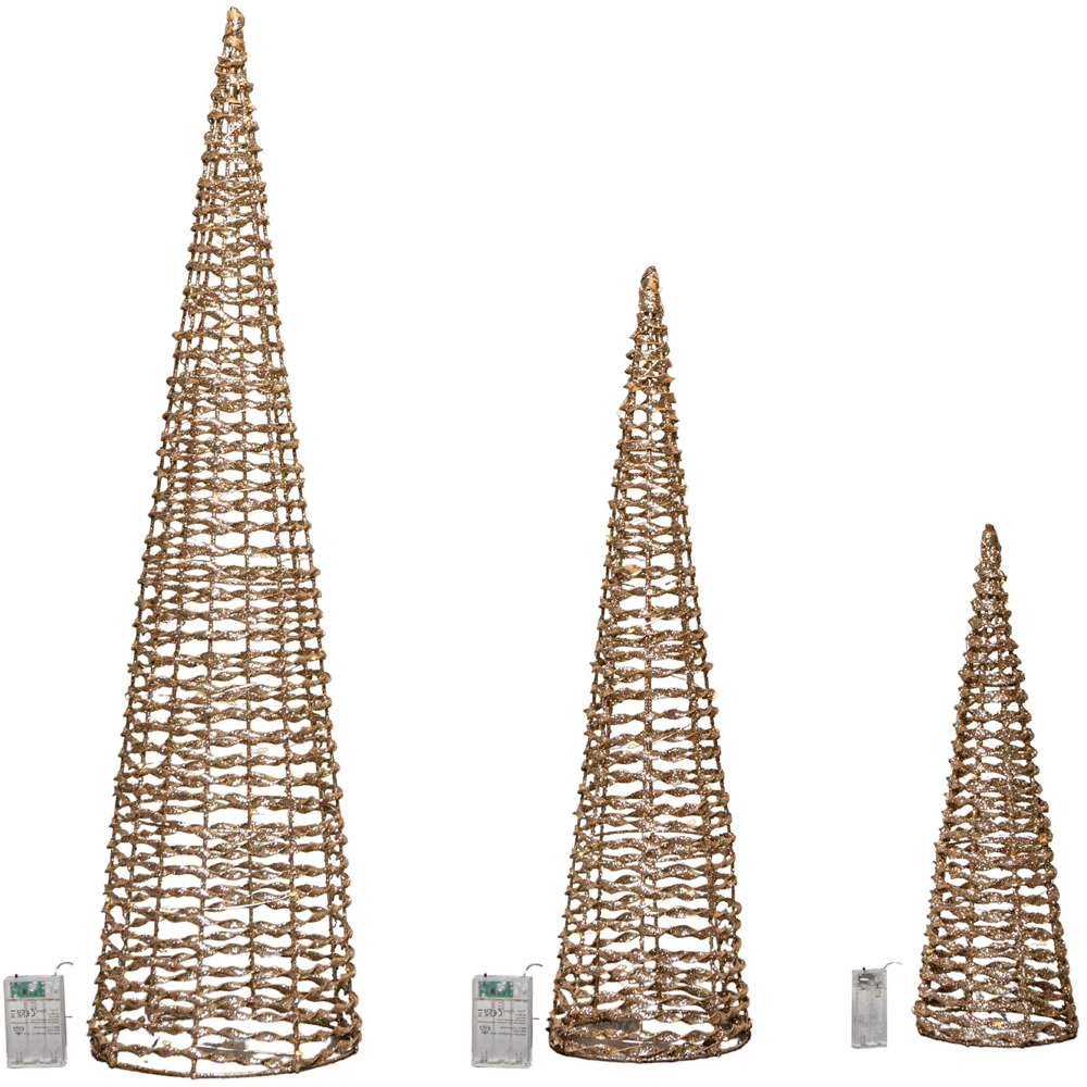 Samuel Alexander Gold Glitter Twist Warm White LED Christmas Cone Trees 3 Pack Image 2