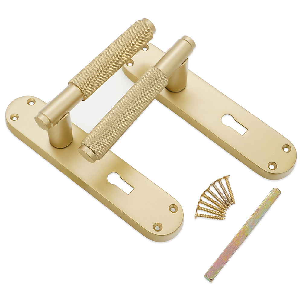 Spira Brass Connaught Satin Brass Knurled Lever Door Handle with Lock Backplate 2 Pack Image 4