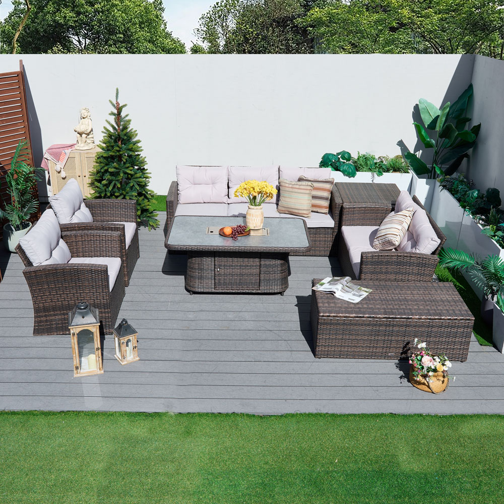 Direct Wicker Brown 7 Seater Rattan Garden Sofa Set with Rising Fire Pit Table and Storage Box Image 3