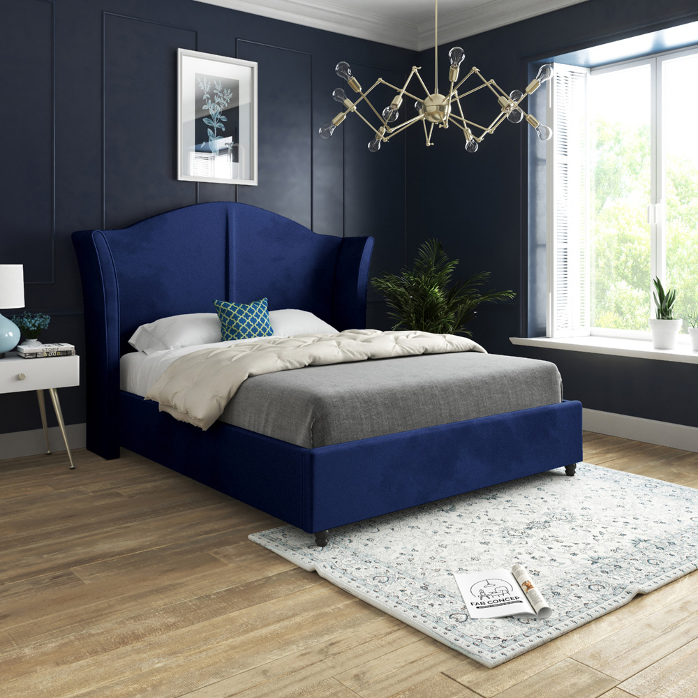 Zampa Double Blue Soft Velvet Upholstered Bed Frame with Curved Winged Headboard Image 5