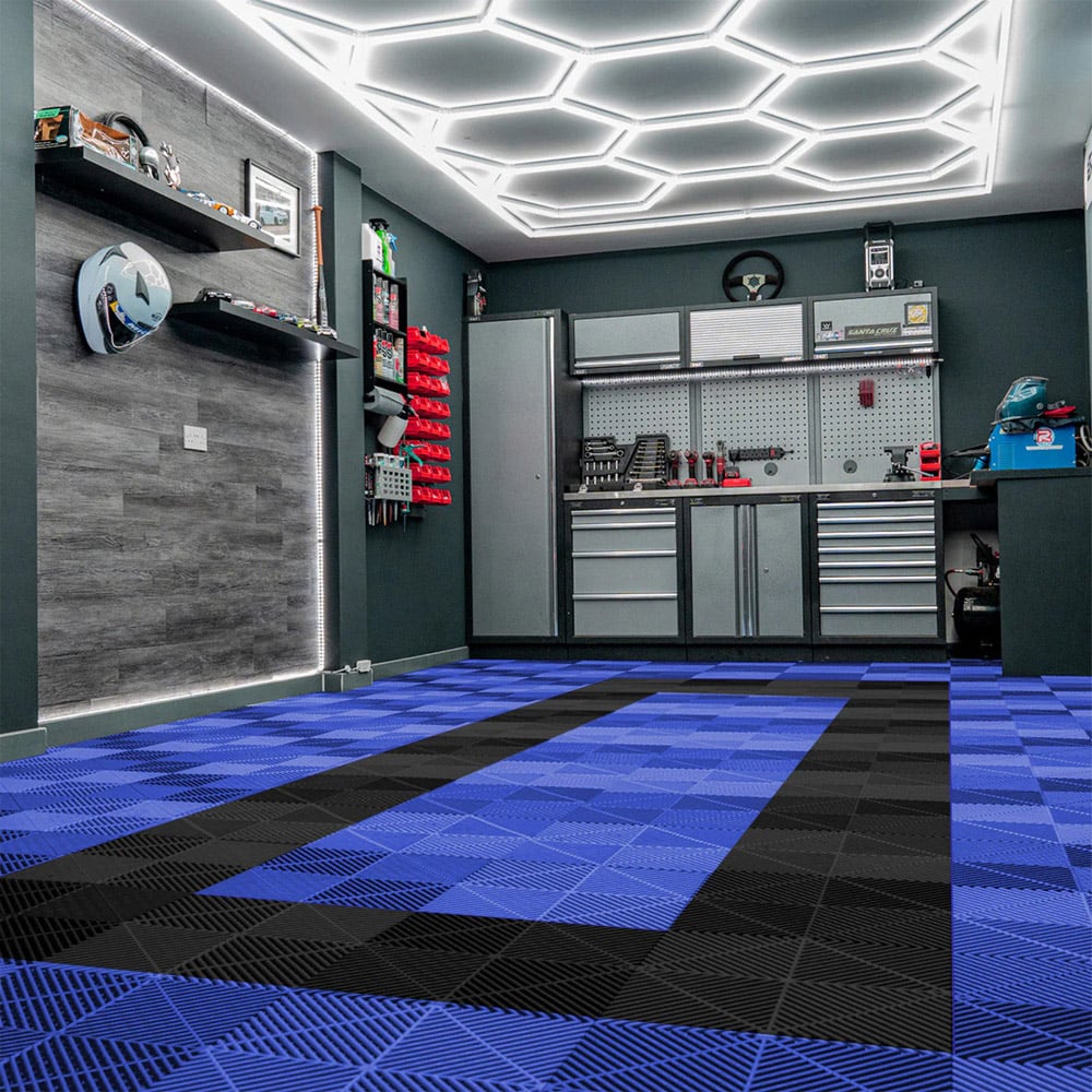 MonsterShop 90 Blue and 30 Black Vented Garage Floor Tiles with Edges and 14 Hexagon LED Light Image 2