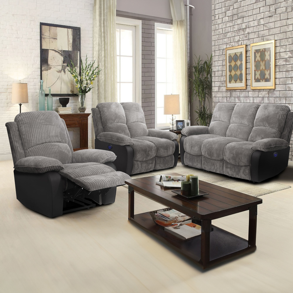 Comfy Living 6 Seater Grey Cord Fabric Electric Recliner Sofa Set Image 1
