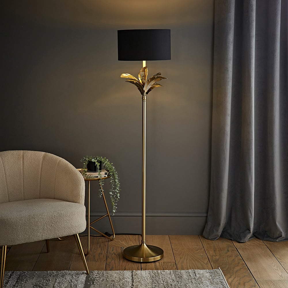 ValueLights Christina Black and Gold Drum Palm Leaf Floor Lamp and Bulb Image 6