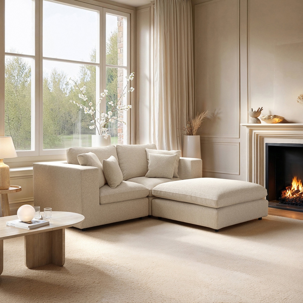 Solace+Co Asher 3 Seater Beige Boucle Sofa with Footstool Image 6