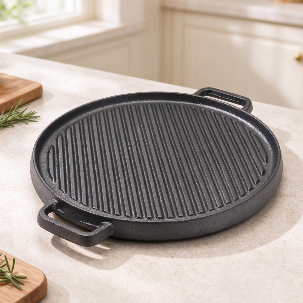 Living and Home 36 x 30cm Pre-Seasoned Cast Iron Round BBQ Grill Pan Image 2
