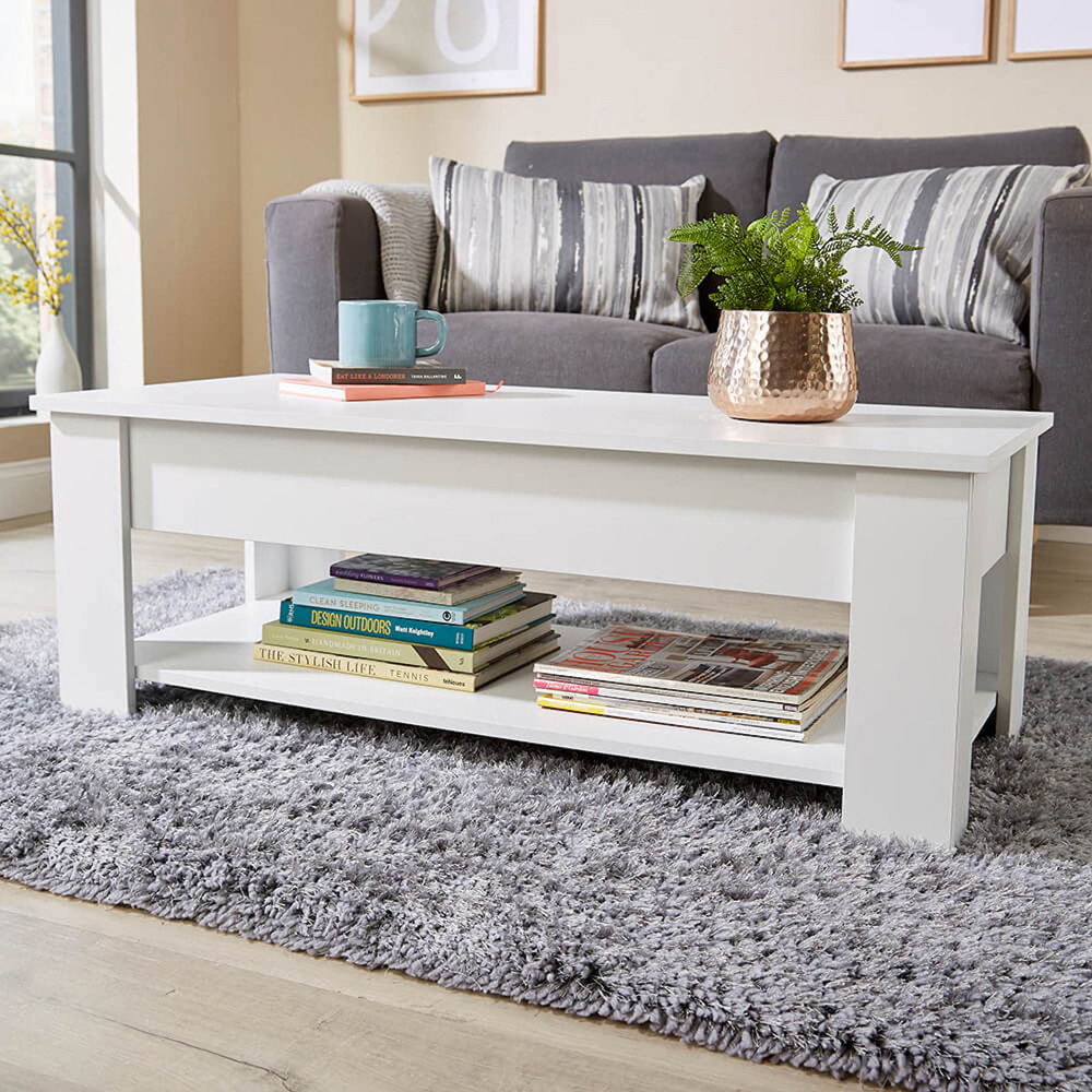 Home Source Orlando Single Shelf White Lift Up Storage Coffee Table Image 1
