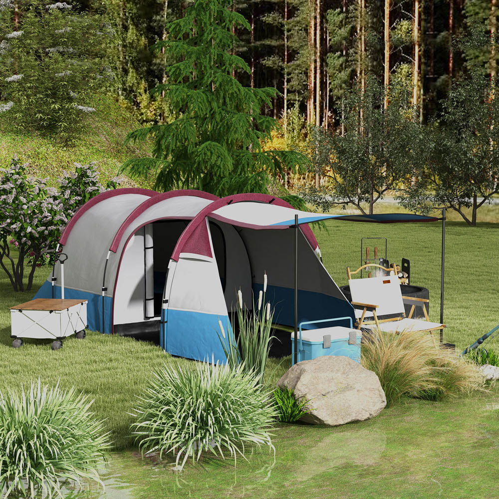 Outsunny 2-3 Person Tunnel Camping Tent with Bedroom and Living Room Red and Blue Image 2