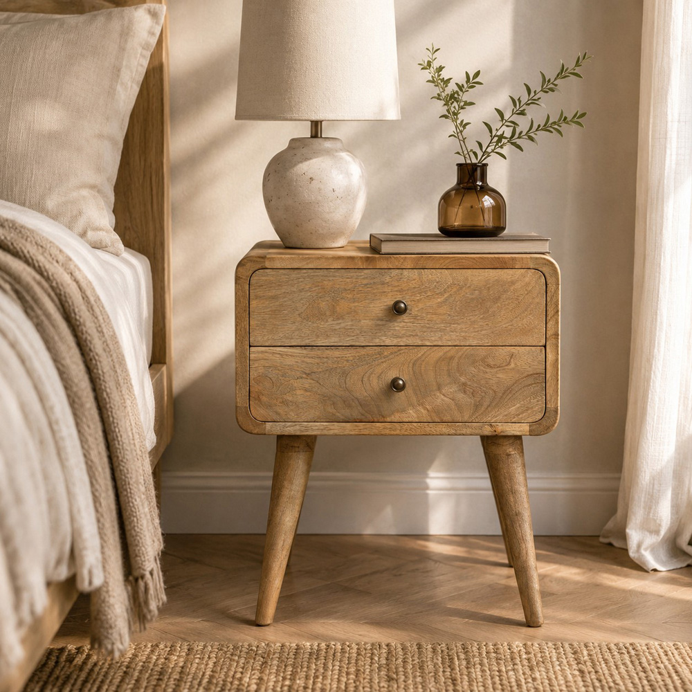 Artisan Furniture Brown 2 Drawer Solid Wood Curved Oak-ish Bedside Table Image 7