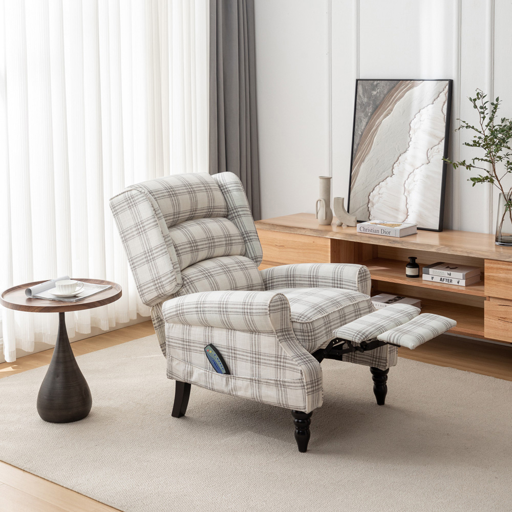 Furniture One Grey Check Fabric Recliner Massage Armchair Image 8