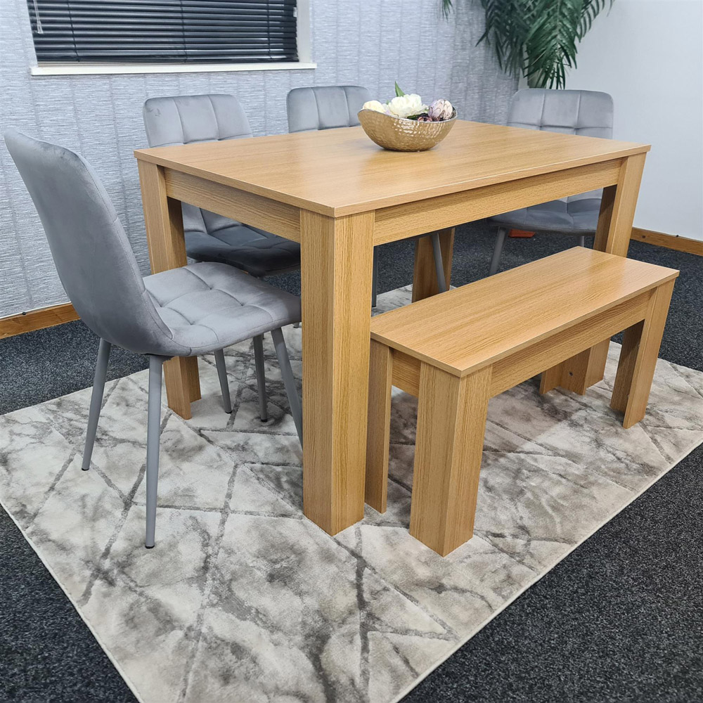 Portland 6 Seater Square Velvet Dining Table Set Oak Effect and Grey Image 6