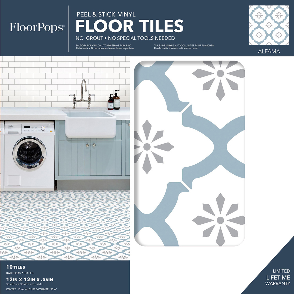 Floorpops Alfama White and Light Slate Peel and Stick Floor Tile 30.48 x 30.48cm 10 Pack Image 7