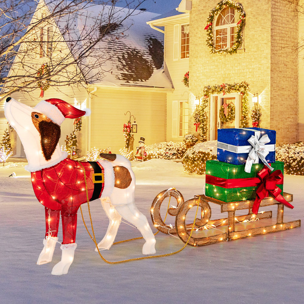 Costway Pre-Lit Lighted Dog Sleigh Gift Boxes Combo Christmas Decoration Image 3