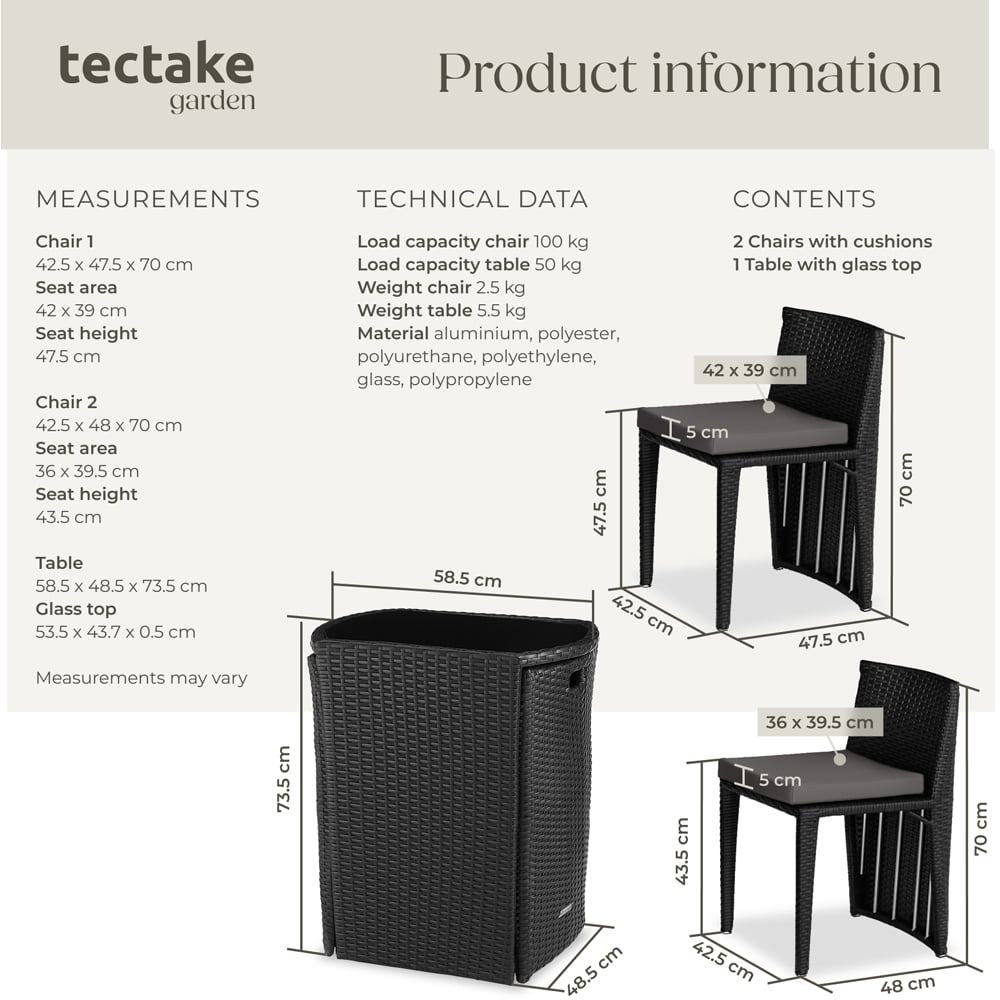 tectake Hamburg 2 Seater Rattan Garden Bistro Set Black Image 9