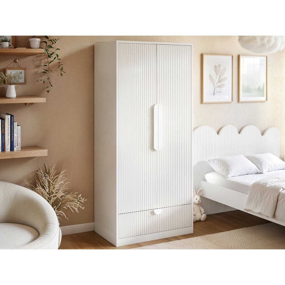 Flair Calista 2 Door Single Drawer White Ribbed Wardrobe Image 5