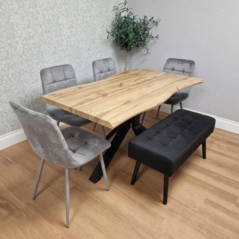 Portland 6 Seater Grey and Black MDF Dining Set with Velvet Chairs and Bench Image 2