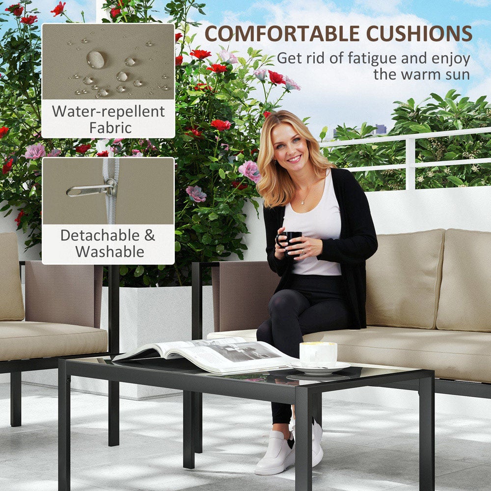Outsunny 4 Seater Khaki Garden Sofa Set with Tempered Glass Coffee Table Image 7
