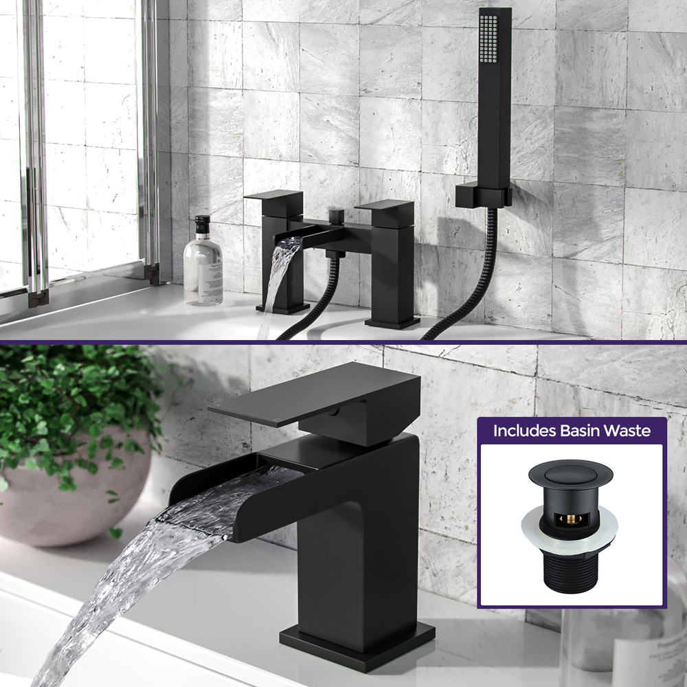 Nes Home Origin Waterfall Matte Black Bath Shower Mixer Pack and Basin Mixer Tap with Waste Image 4