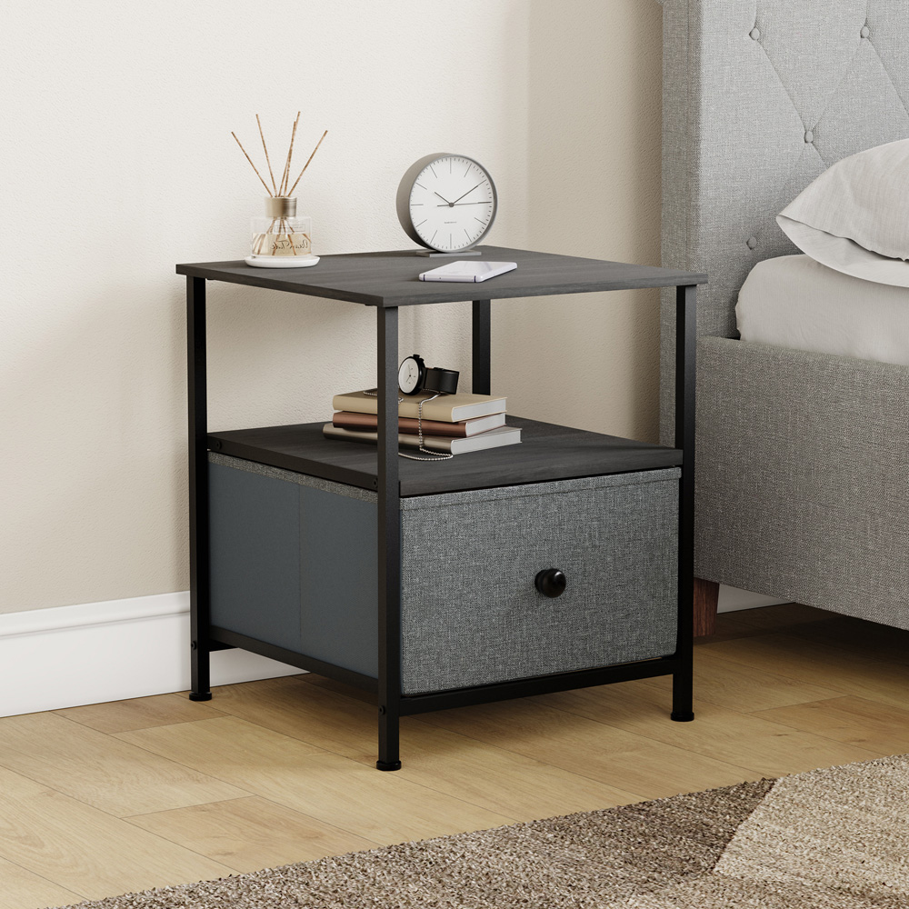 Vida Designs Chorley Single Drawer Single Shelf Grey and Black Fabric Bedside Table Image 3