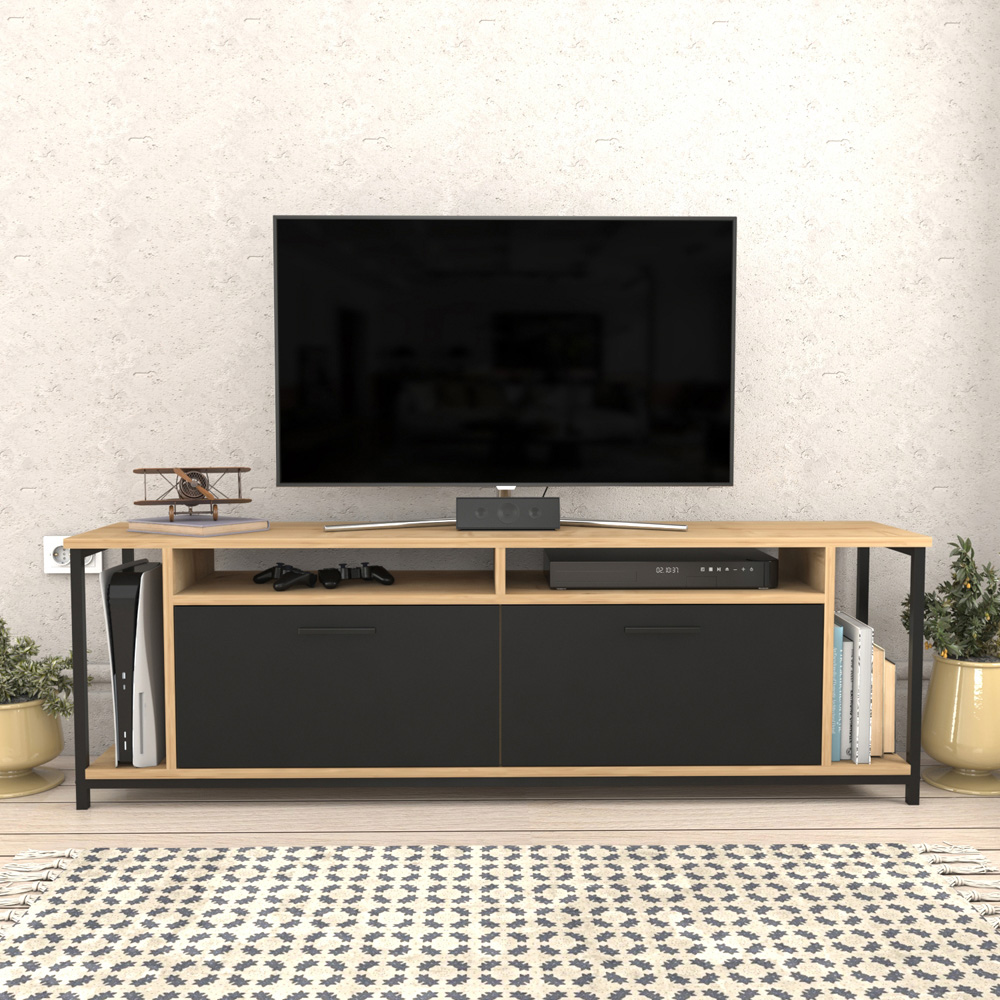 Decorotika Omar 2 Door 4 Shelf Oak and Black TV Unit Image 5