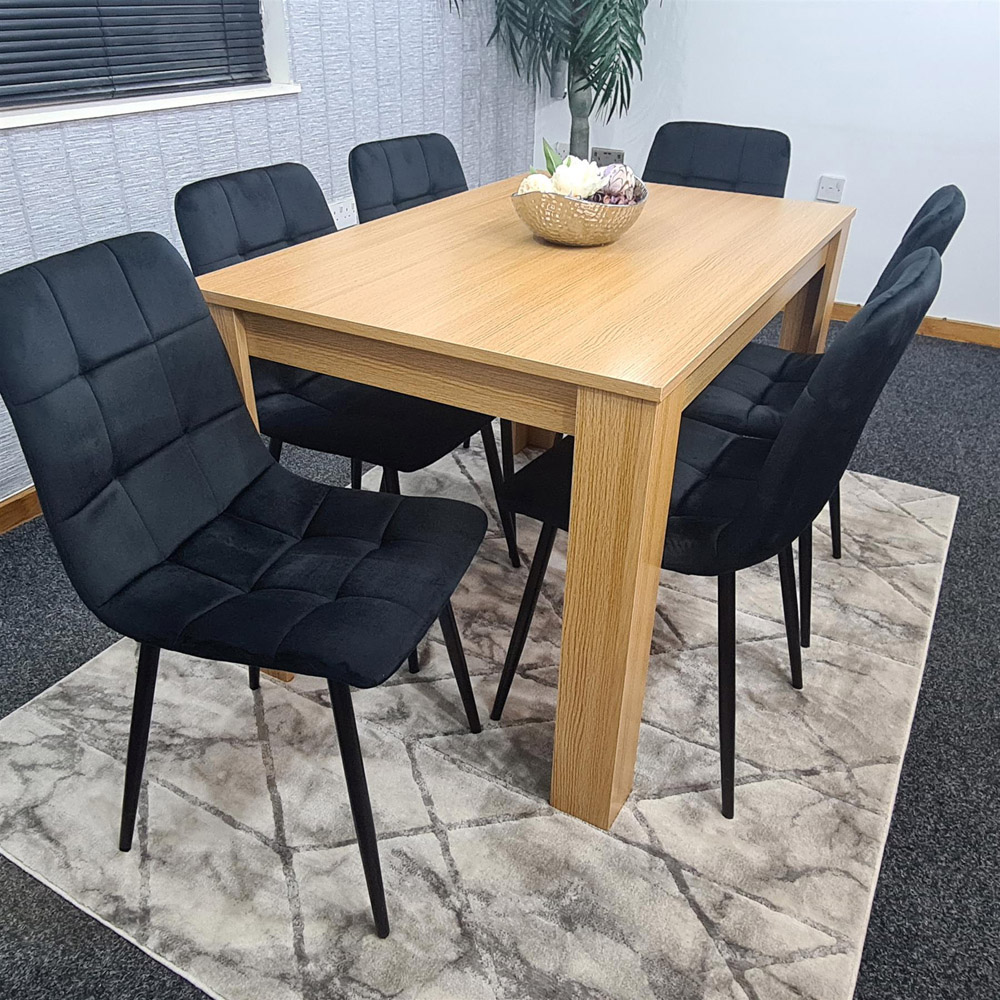 Portland Rocco 6 Seater Velvet Dining Set Wooden Oak Effect and Black Image 2