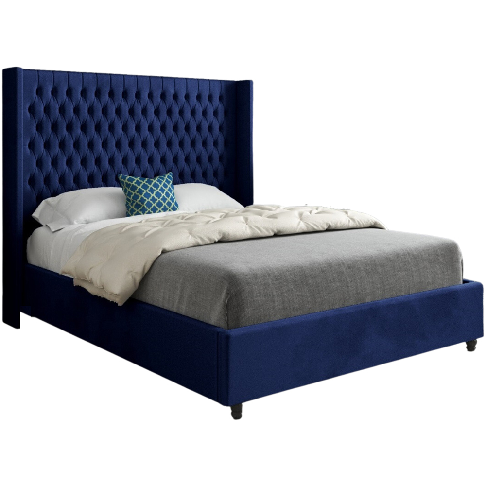 Volta Single Blue Soft Velvet Upholstered Bed Frame with Straight Winged Headboard Image 2