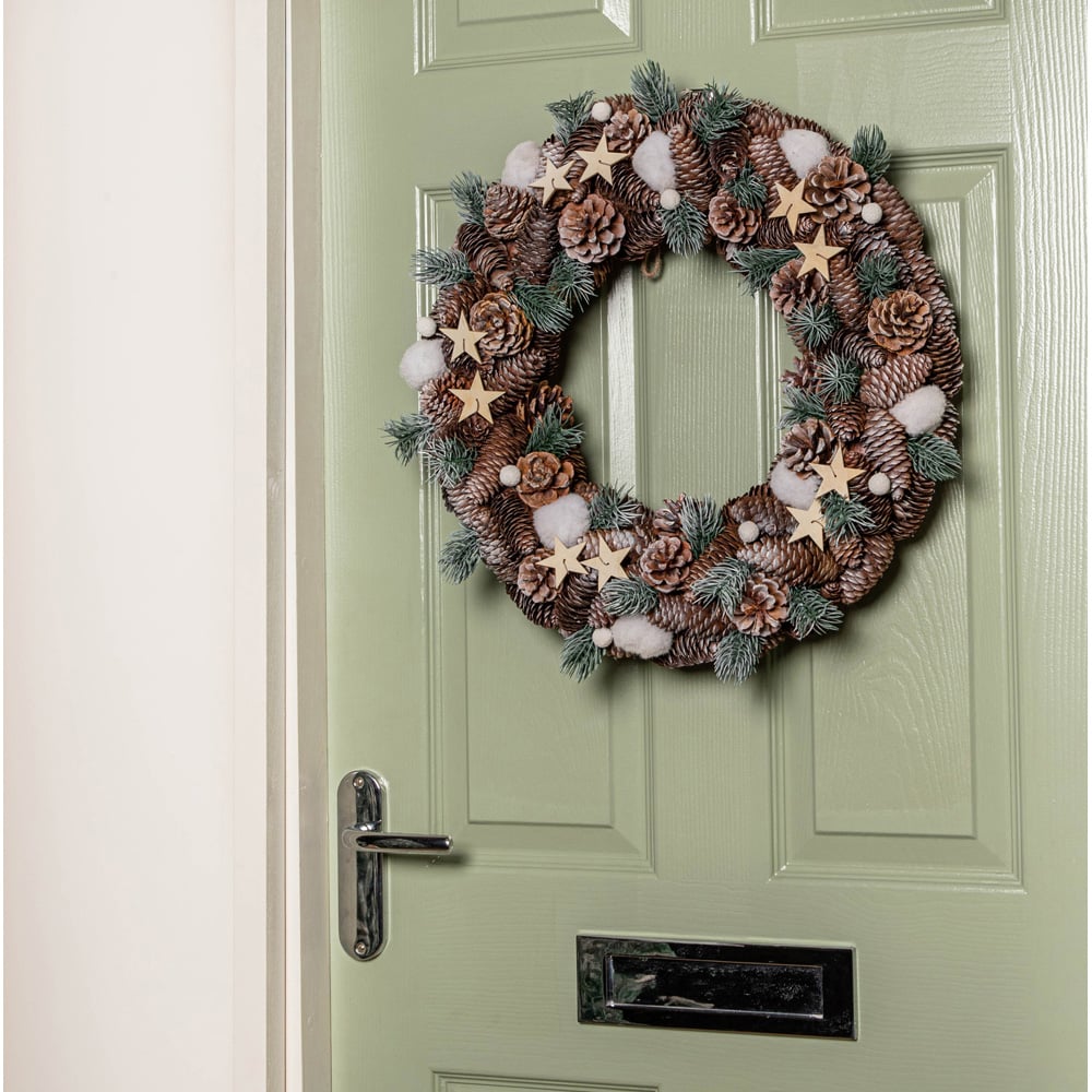 Samuel Alexander Frosted Christmas Wreath with Pine Cones and Wooden Stars 50cm Image 5
