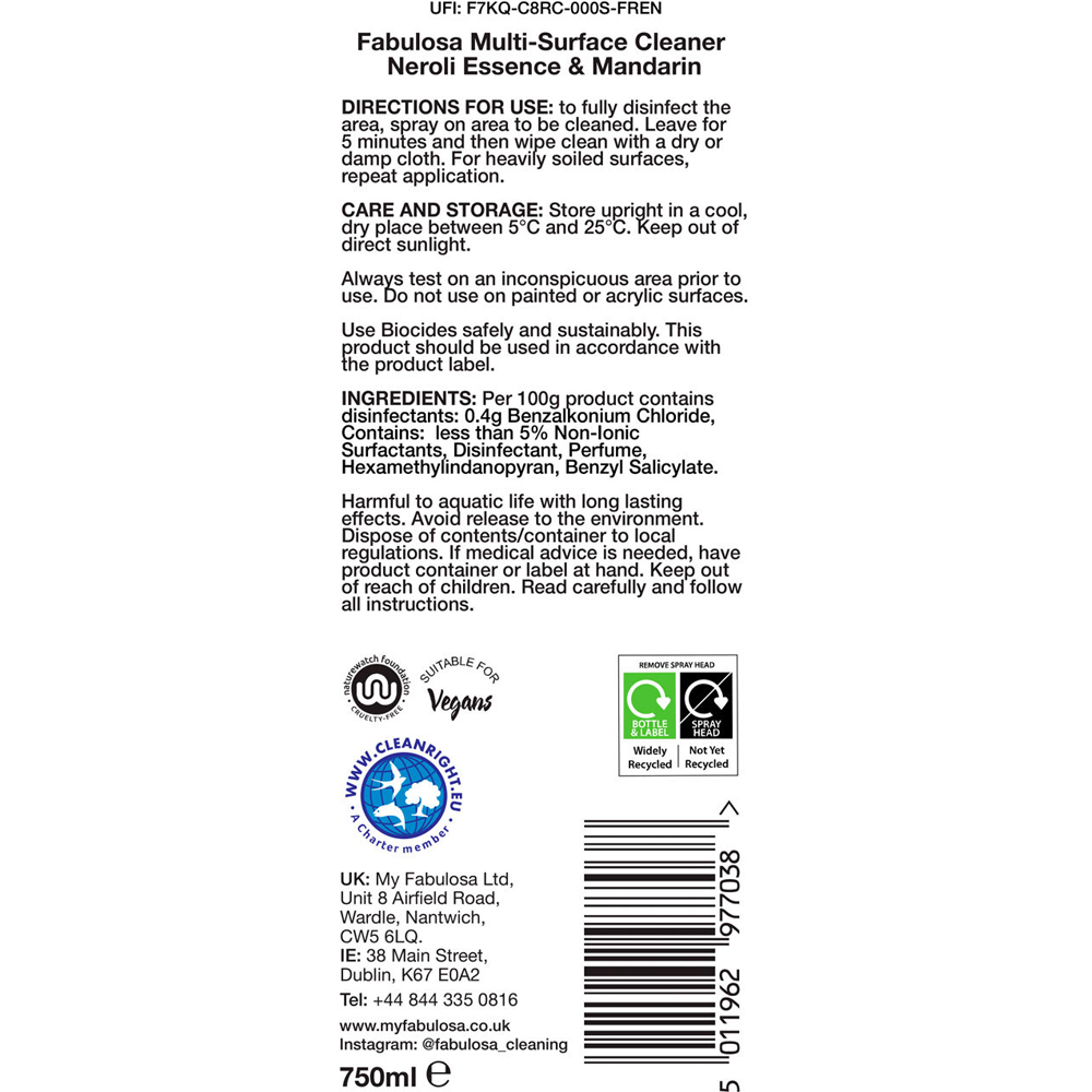 Fabulosa Multi Surface Cleaner Neroli Essence and Mandarin Image 2
