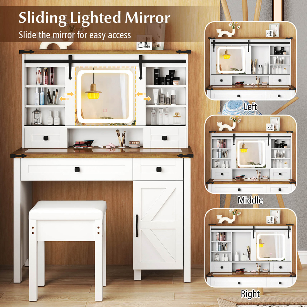Costway White Vanity Desk and Stool Set with Sliding Mirror Image 7