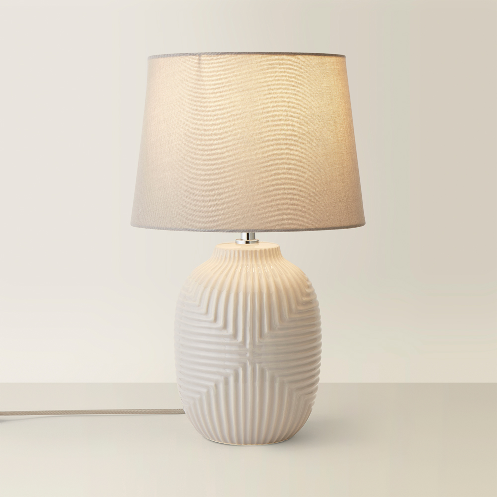 ValueLights Harrison Tapered Shade Grey Geo Ribbed Pattern Gloss Medium LED Table Lamp Image 5