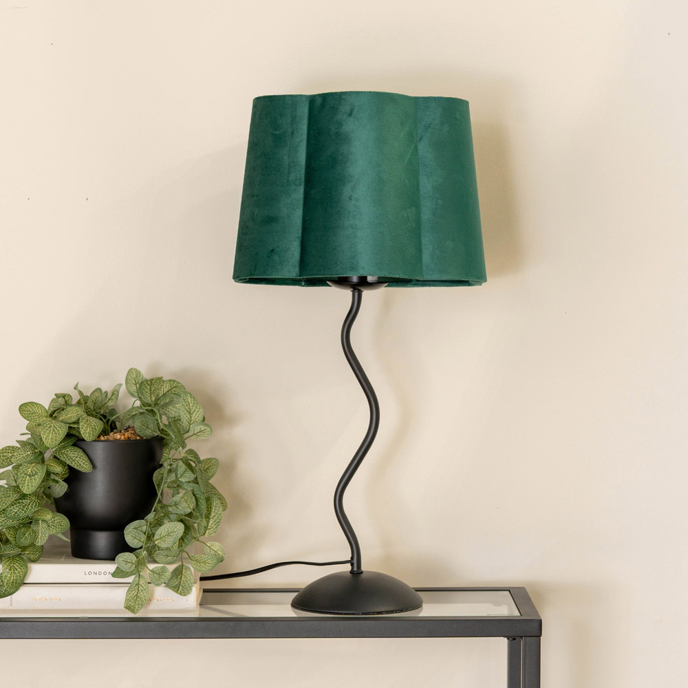 ValueLights Wiggle Forest Green Velvet Scallop Shade Black Metal Stem LED Table Lamp Image 3