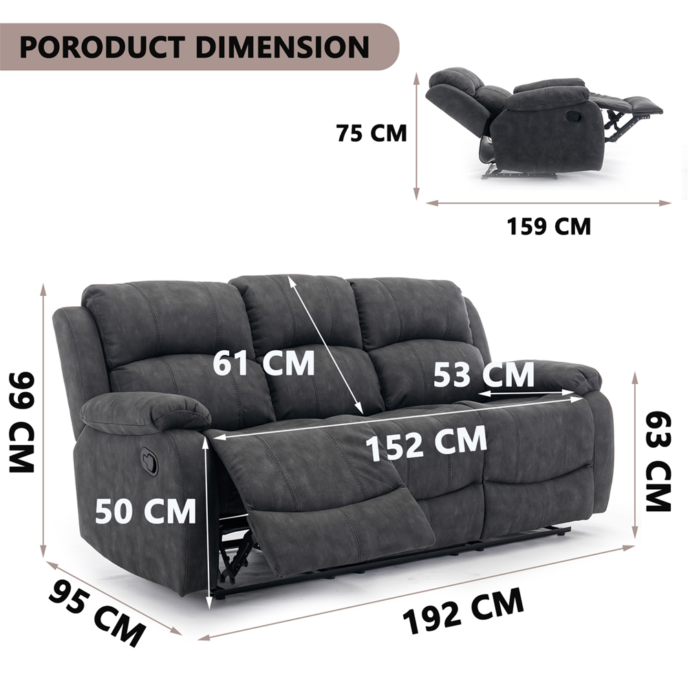 Furniture One 3 Seater Dark Grey Full Fabric Manual Recliner Sofa Image 9
