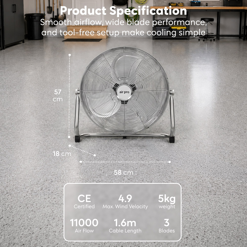 Air Pro Silver Chrome 3 Speed Powerful Air Cooling and Circulating Floor Fan 20 inch Image 9